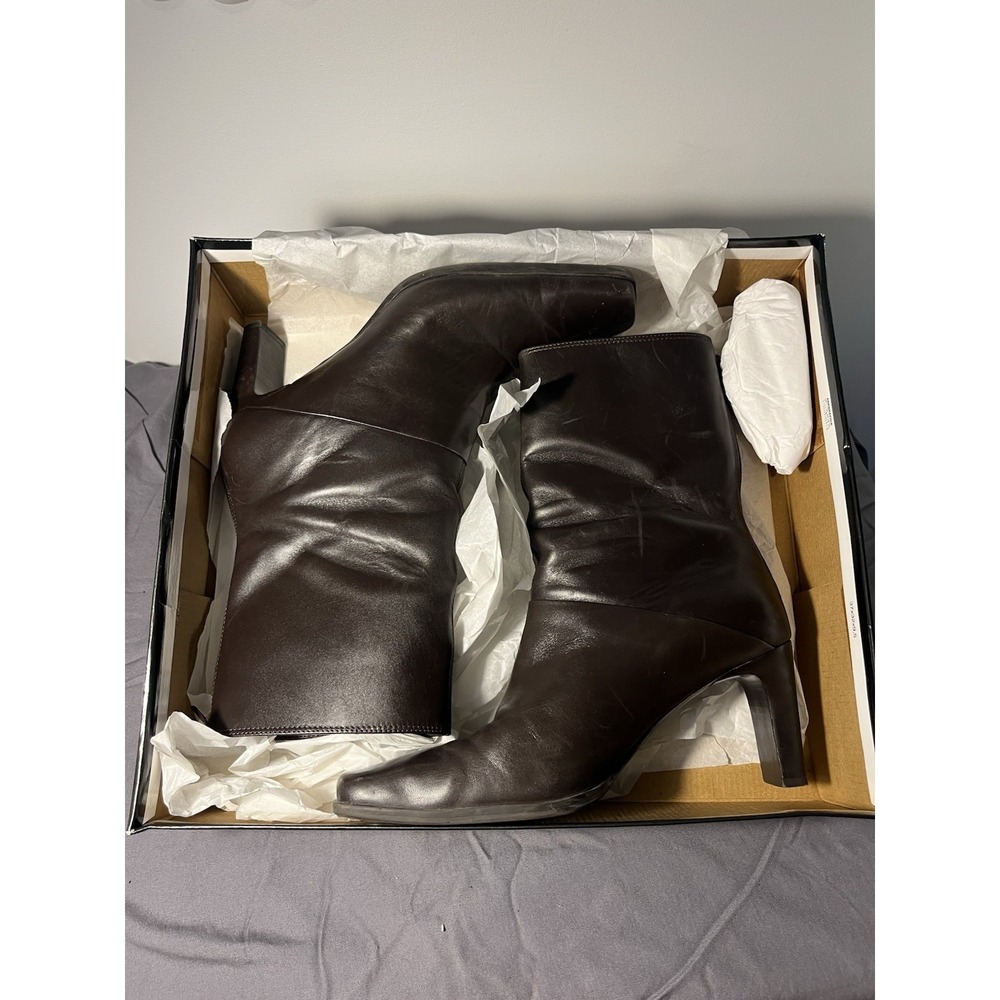 Markon Women's 9 Brown Leather Midcalf Square Toe Boots Block Heel Zipper